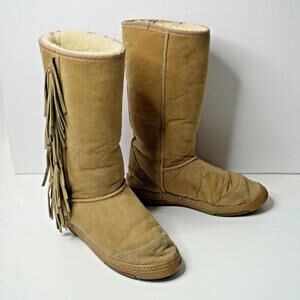 Aussie Dogs Sherpa Lined Tan Fringe Boho Tall Suede Boots Leather Women 11 Shoes
